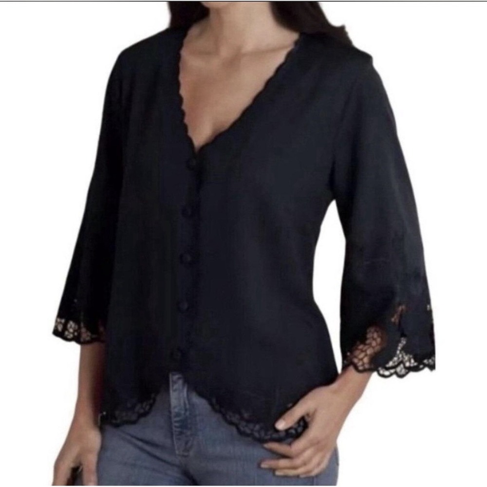 soft surroundings womens black lace eyelet button down blouse SZ Medium